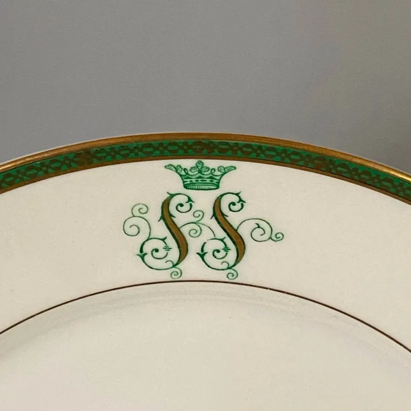 Pamono SS Monogramed Desert and Flat Plates with Gold Trim by Bareuther Bavaria, Germany,1930s, Set of 12> Dinner Plates & Bowls