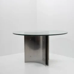 Pamono Steel and Glass Dining Table attributed to Michel Boyer, France, 1970s><noscript><img width=