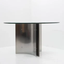 Pamono Steel and Glass Dining Table attributed to Michel Boyer, France, 1970s><noscript><img width=