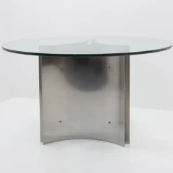 Pamono Steel and Glass Dining Table attributed to Michel Boyer, France, 1970s><noscript><img width=