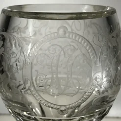 Sale Pamono Stemmed Glasses in Thick Cut Crystal with Scrolling Decoration and Monogram, Bohemia, 1900s, Set of 2