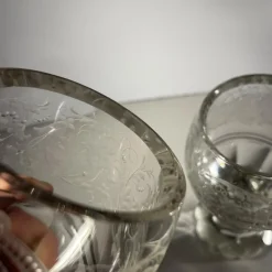 Sale Pamono Stemmed Glasses in Thick Cut Crystal with Scrolling Decoration and Monogram, Bohemia, 1900s, Set of 2