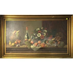 Pamono Still Life of Fruit and Wine, 20th-Century, Oil on Canvas> Classical