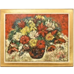 Hot Pamono Still Life Painting of Roses in Vase, Oil on Canvas, 20th Century
