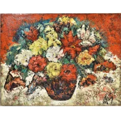 Hot Pamono Still Life Painting of Roses in Vase, Oil on Canvas, 20th Century
