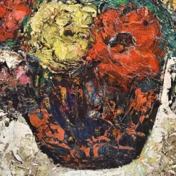 Hot Pamono Still Life Painting of Roses in Vase, Oil on Canvas, 20th Century