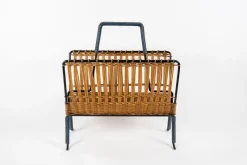 Pamono Stitched Leather and Rattan Magazine Rack by Jacques Adnet, 1950s><noscript><img width=