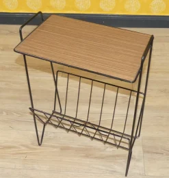 Pamono String Newspaper Rack in Teak Formica and Black Metal, 1960s> Magazine Racks