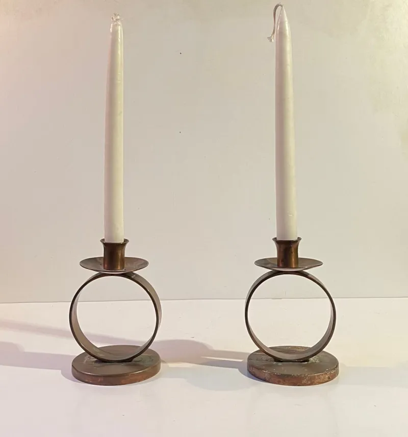 Pamono Swedish Grace Patinated Copper Circle Candleholders, 1920s, Set of 2> Candleholders