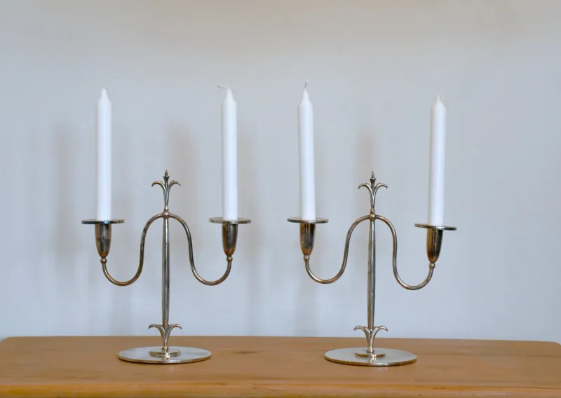 Pamono Swedish Grace Silver-Plated Candelabras by Elis Bergh for C. G. Hallberg, Stockholm, 1920s, Set of 2> Candleholders