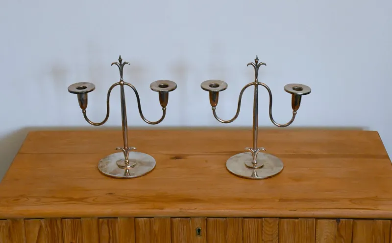 Pamono Swedish Grace Silver-Plated Candelabras by Elis Bergh for C. G. Hallberg, Stockholm, 1920s, Set of 2> Candleholders