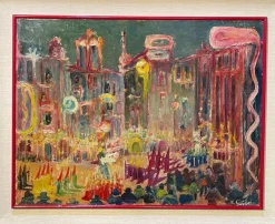 Clearance Pamono Swiss Artist, Celebration Scene in the Square, 20th Century, Oil Painting