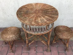 Pamono Table and 2 Wicker Stools 1960s, Set of 3><noscript><img width=