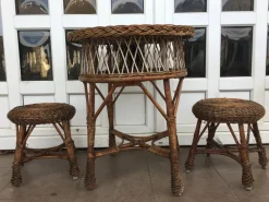 Pamono Table and 2 Wicker Stools 1960s, Set of 3><noscript><img width=