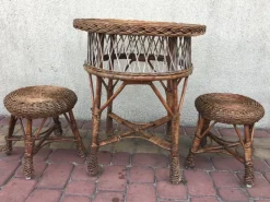 Pamono Table and 2 Wicker Stools 1960s, Set of 3><noscript><img width=