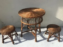 Pamono Table and 2 Wicker Stools 1960s, Set of 3><noscript><img width=