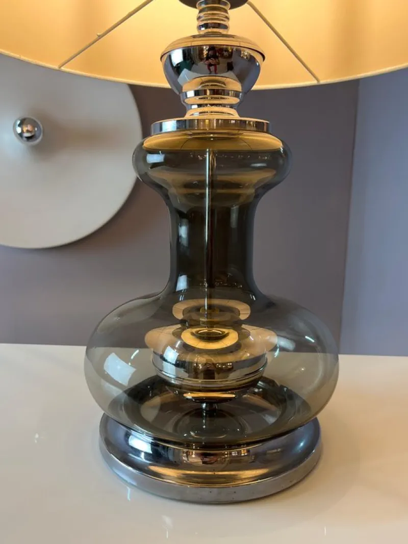 Pamono Table Lamp in Grey and Silver Smoked Glass> Table Lamps