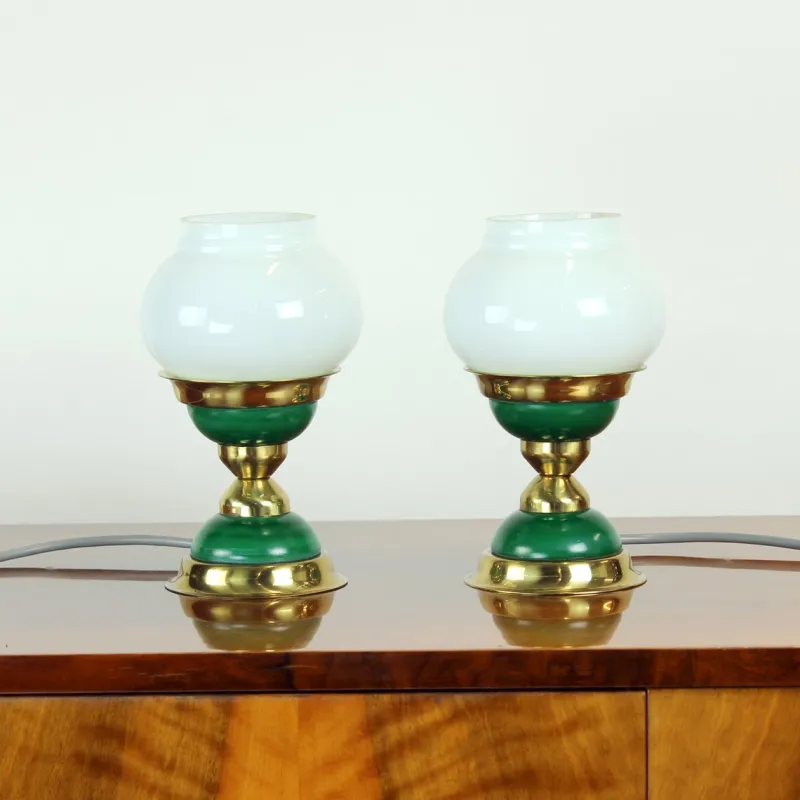 Pamono Table Lamps in Opaline Glass and Brass, Former Czechoslovakia, 1955, Set of 2> Table Lamps