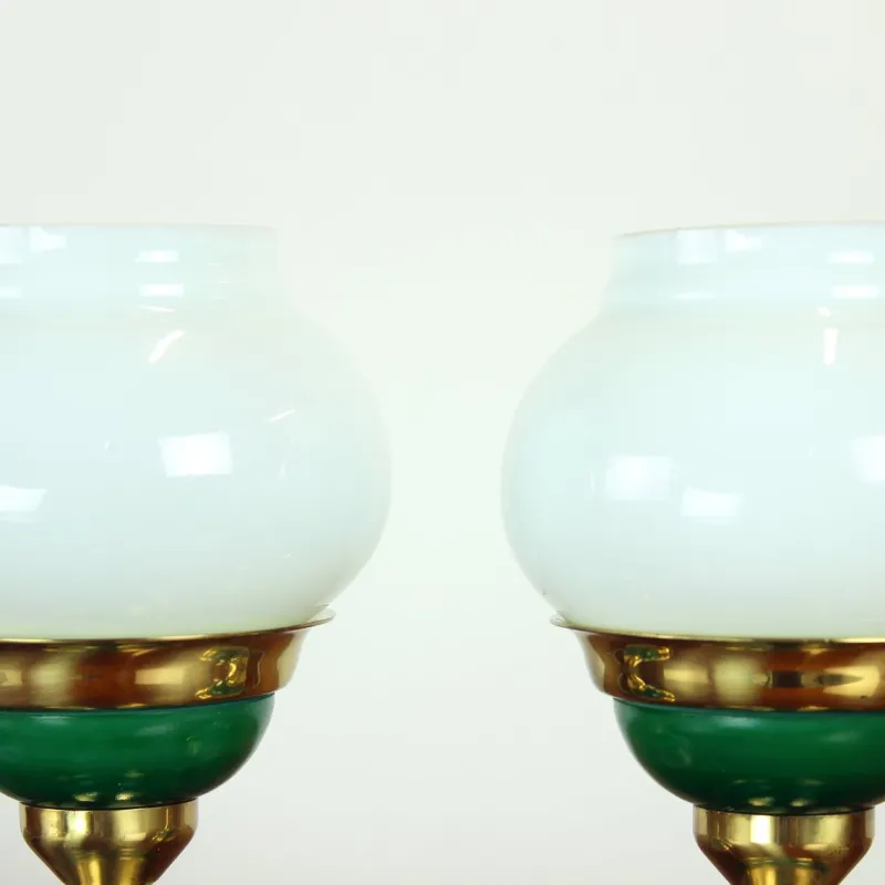 Pamono Table Lamps in Opaline Glass and Brass, Former Czechoslovakia, 1955, Set of 2> Table Lamps