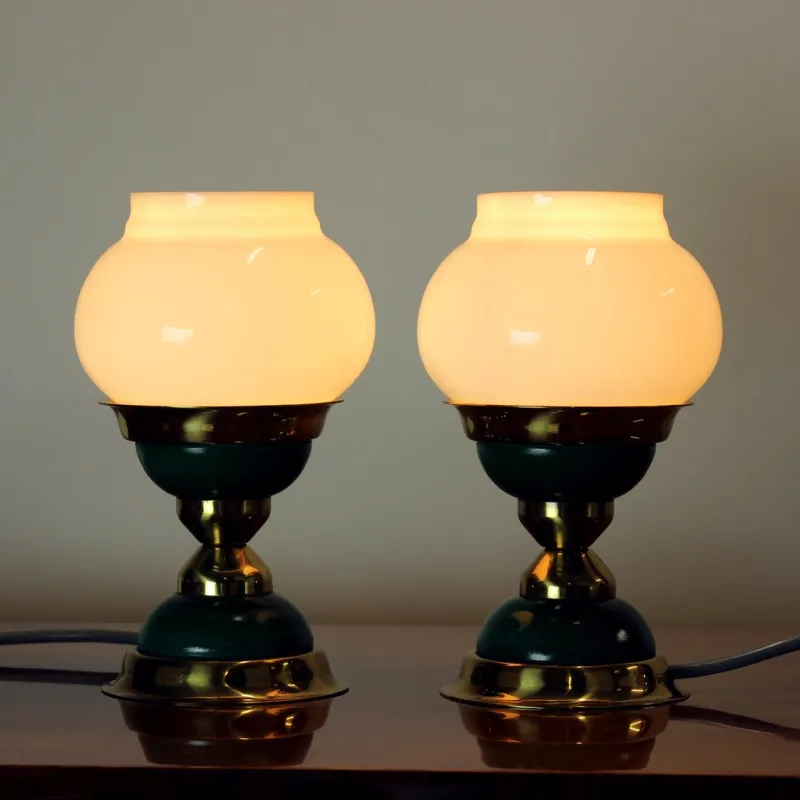 Pamono Table Lamps in Opaline Glass and Brass, Former Czechoslovakia, 1955, Set of 2> Table Lamps