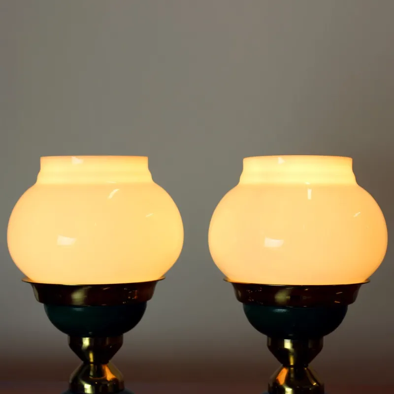 Pamono Table Lamps in Opaline Glass and Brass, Former Czechoslovakia, 1955, Set of 2> Table Lamps
