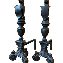 Pamono Tall Antique Fire Dogs in Cast Iron, 1890, Set of 2> Fireplaces And Mantels