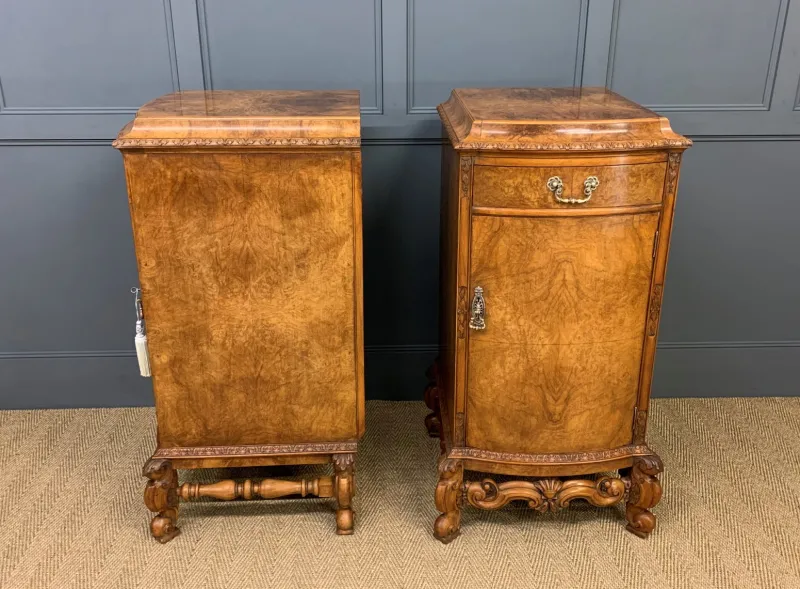 Pamono Tall Burr Walnut Pedestals, 1910, Set of 2> Pedestals And Columns