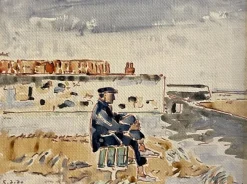 Pamono Tamburi, Old Man by the Sea, 20th Century, Watercolor Painting> Work On Paper
