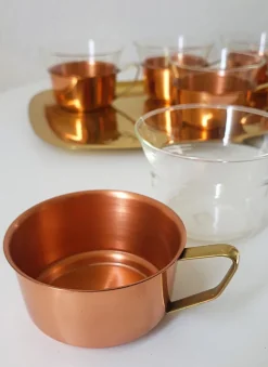 Discount Pamono Tea Glasses & Tray in Copper, Brass & Jena Glass from Schott, Mainz, 1960s, Set of 7