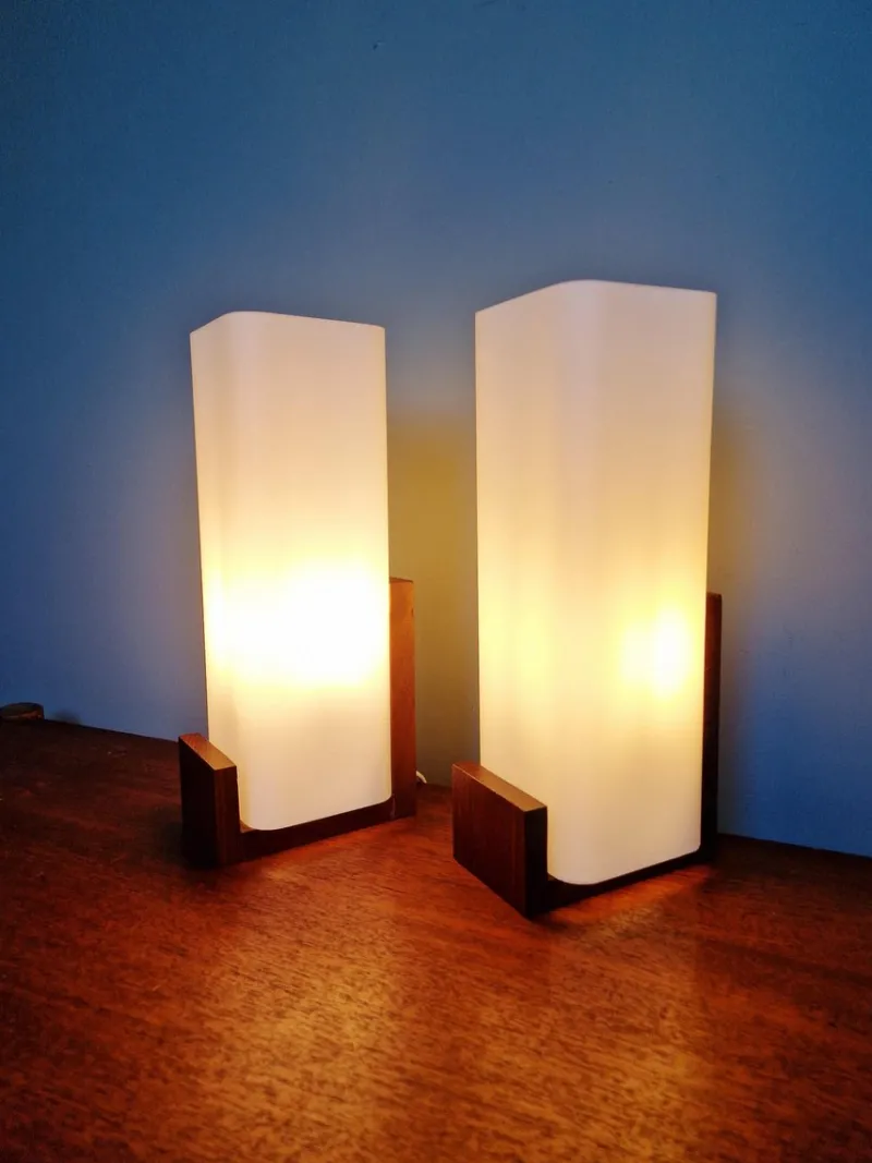 New Pamono Teak and White Opaline Wall Lights by Louis Kalff, 1960, Set of 2