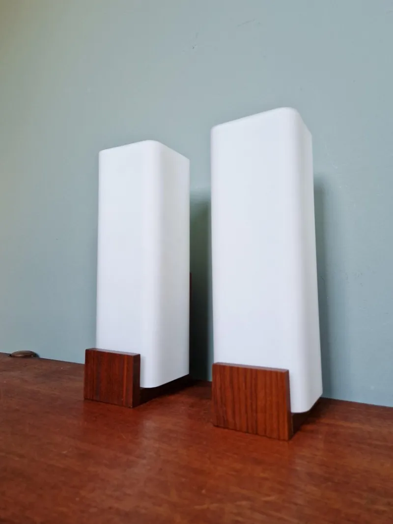 New Pamono Teak and White Opaline Wall Lights by Louis Kalff, 1960, Set of 2