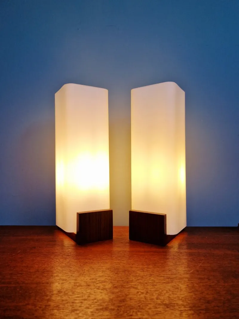 New Pamono Teak and White Opaline Wall Lights by Louis Kalff, 1960, Set of 2