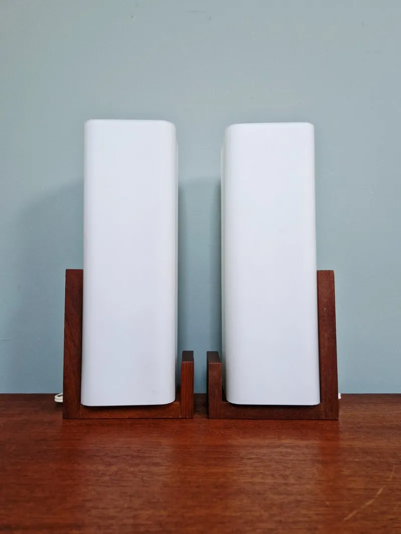 New Pamono Teak and White Opaline Wall Lights by Louis Kalff, 1960, Set of 2