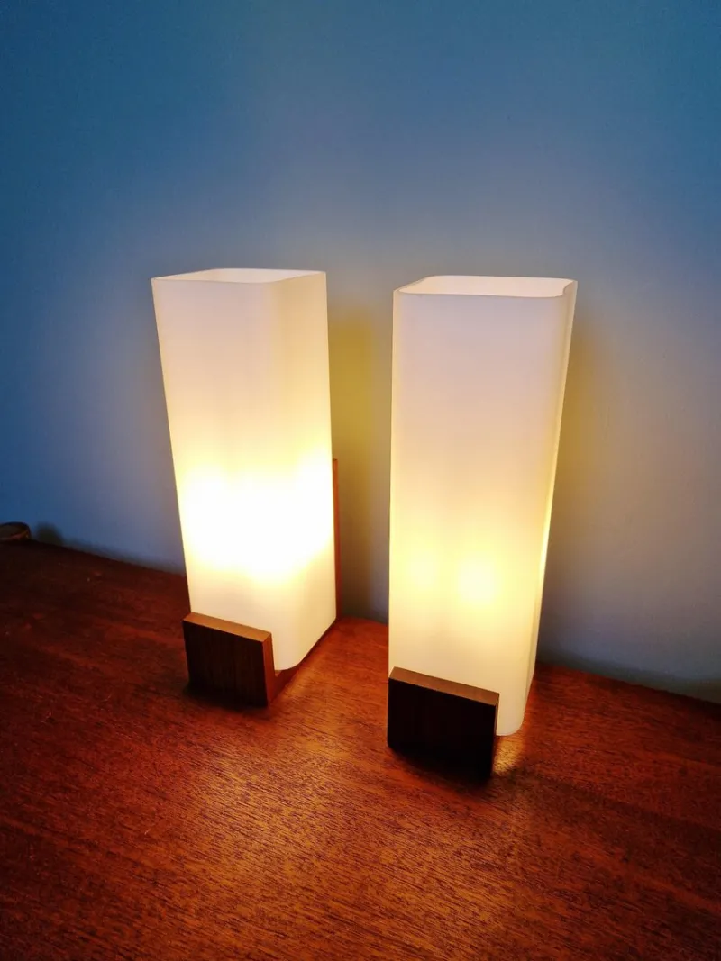 New Pamono Teak and White Opaline Wall Lights by Louis Kalff, 1960, Set of 2