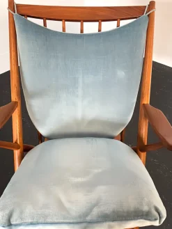 Pamono Teak Rocking Chair with Mohair Velvet Cover in Ice Blue by Frank Reenskaug for Bramin, Denmark, 1960s> Rocking Chairs