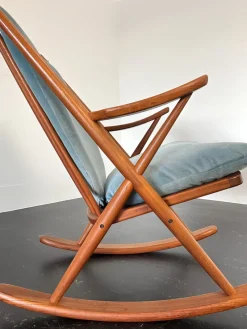 Pamono Teak Rocking Chair with Mohair Velvet Cover in Ice Blue by Frank Reenskaug for Bramin, Denmark, 1960s><noscript><img width=