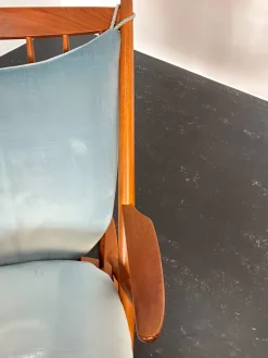 Pamono Teak Rocking Chair with Mohair Velvet Cover in Ice Blue by Frank Reenskaug for Bramin, Denmark, 1960s><noscript><img width=