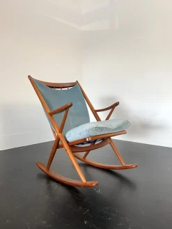 Pamono Teak Rocking Chair with Mohair Velvet Cover in Ice Blue by Frank Reenskaug for Bramin, Denmark, 1960s><noscript><img width=