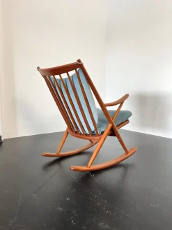 Pamono Teak Rocking Chair with Mohair Velvet Cover in Ice Blue by Frank Reenskaug for Bramin, Denmark, 1960s><noscript><img width=