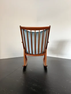 Pamono Teak Rocking Chair with Mohair Velvet Cover in Ice Blue by Frank Reenskaug for Bramin, Denmark, 1960s><noscript><img width=