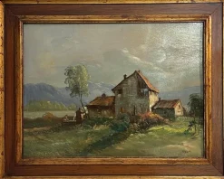 Pamono Tessari, Farmhouse in the Countryside, 19th Century, Oil Painting on Panel, Framed> Painting