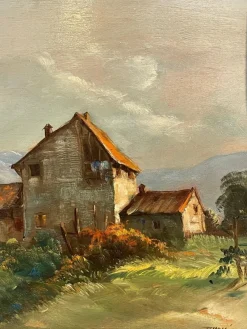 Pamono Tessari, Farmhouse in the Countryside, 19th Century, Oil Painting on Panel, Framed><noscript><img width=