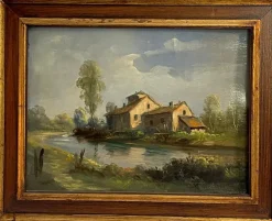 Sale Pamono Tessari, Farmhouse on the River, 19th Century, Oil Painting on Panel, Framed