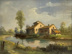 Sale Pamono Tessari, Farmhouse on the River, 19th Century, Oil Painting on Panel, Framed