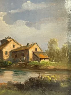 Sale Pamono Tessari, Farmhouse on the River, 19th Century, Oil Painting on Panel, Framed