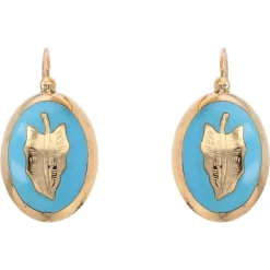 Online Pamono 19th Century 18 Karat French Yellow Gold Lever- Back & Blue Enamel Earrings, Set of 2