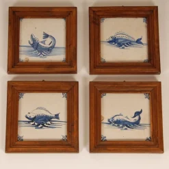 Pamono 17th Century Baroque Framed Sea Creatures Monsters Tiles in Blue and White from Royal Delft, Set of 4> Architectural Elements