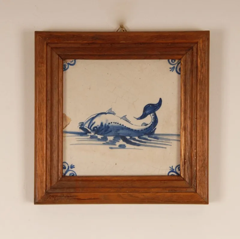 Pamono 17th Century Baroque Framed Sea Creatures Monsters Tiles in Blue and White from Royal Delft, Set of 4> Architectural Elements