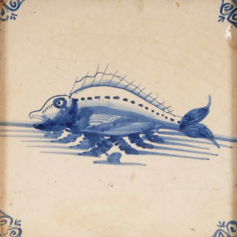 Pamono 17th Century Baroque Framed Sea Creatures Monsters Tiles in Blue and White from Royal Delft, Set of 4> Architectural Elements