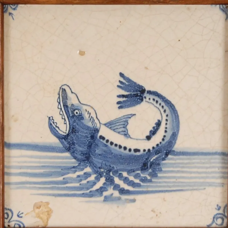 Pamono 17th Century Baroque Framed Sea Creatures Monsters Tiles in Blue and White from Royal Delft, Set of 4> Architectural Elements